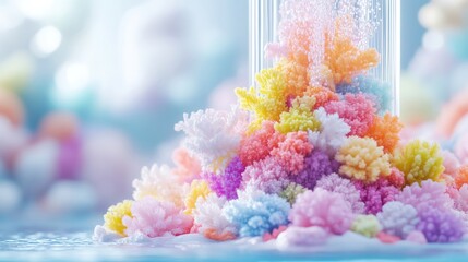Fototapeta premium Colorful crystal formations in a clear glass container. A vibrant display of various pastel colored crystals