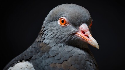Close-Up Portrait of a Grey Pigeon with Intense Eyes in Low Light