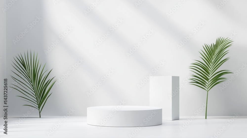 Poster minimal white podium with plants podium product showcase display background white minimal minimalist