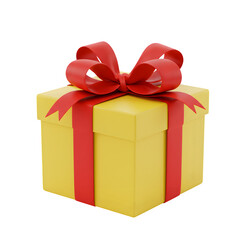 Obraz premium Yellow gift box with red ribbon and red bow on white or transparent background, PNG