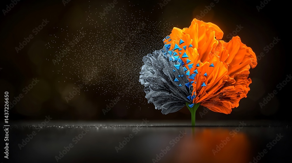 Poster vibrant flower bursting with color, showcasing dynamic motion and abstract elements in a blurred bac