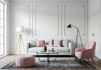 A living room featuring a white sofa pink pillows and a round coffee table on a patterned rug design