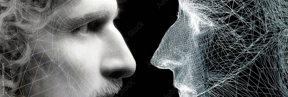 Poster Human Face Split in Half Showing Organic Features on One Side and a Robotic Mesh Structure on the Other Side Illustrating the Fusion of Technology and Humanity