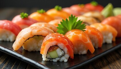 Assorted sushi rolls, vibrant colors, isolated , illustration, fish