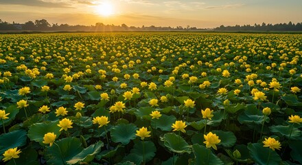Obraz premium * Golden Lotus Field at Sunset * Vast Yellow Lotus Flower Landscape * Sunrise Over a Sea of Yellow Lotuses * Blooming Lotus Pond at Dawn * Endless Field of Yellow Water