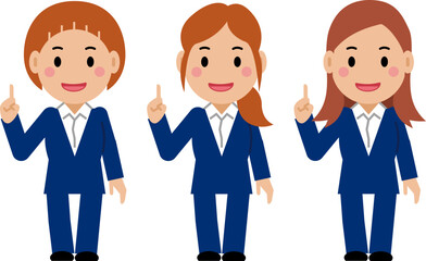 ナンバーワンポーズをする笑顔の紺色スーツの若い女性。その2