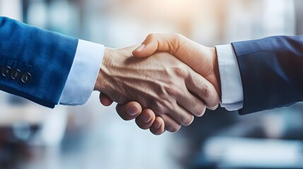 Plakat Close-up view of two businessmen shaking hands in a professional agreement.