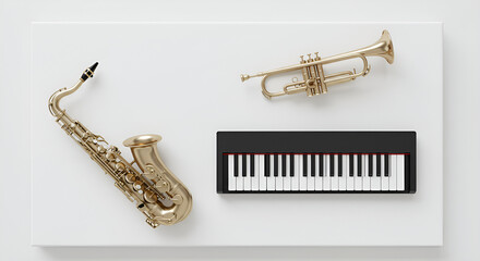 Naklejka premium Minimalist design of jazz instruments — saxophone, piano, trumpet — arranged neatly on a white canvas