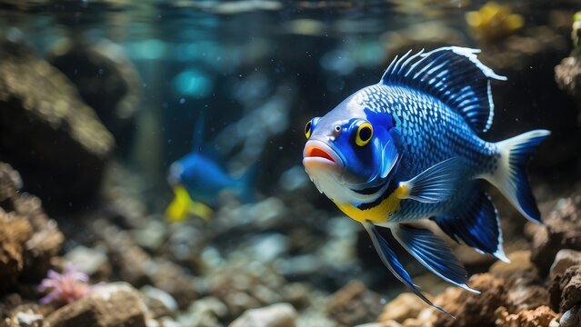 Blue Tang Fish Swimming in Coral Reef Underwater Scene