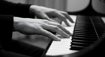 Fototapeta premium Close-up of a pair of hands playing a piano keyboard, black and white photo style