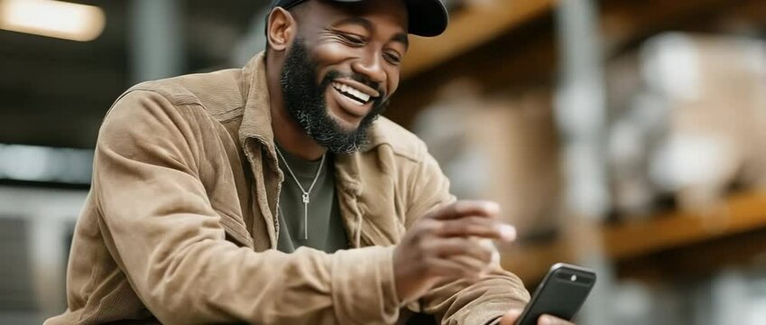 An interracial warehouse worker is seen grinning while using a cellphone to type internet communications while seated in storage.