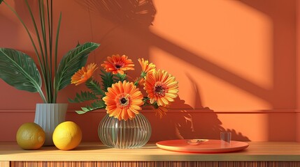 Des fleurs fraÃ®ches de couleur orange vif et jaune sont placÃ©es sur un buffet en bois, entourÃ©es d'Ã©lÃ©ments dÃ©coratifs gÃ©omÃ©triques et d'un plat rÃ©tro en verre, 