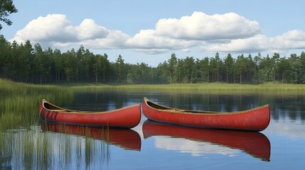 Tranquil Lake Scene with Canoes and Fluffy Clouds Above Water