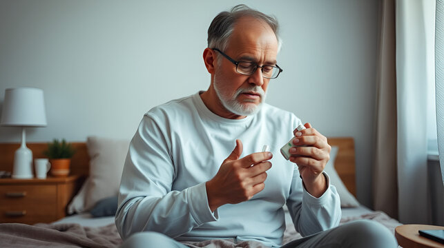 Senior man taking medicine in the bedroom