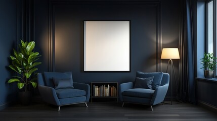 Dark room mockup poster, chairs, plant, window