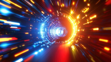 Fototapeta premium Abstract tunnel effect with glowing neon blue and yellow geometric lights creating depth and motion over a red and dark blue high-tech background.