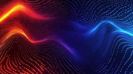 Fototapeta premium Abstract waves of neon blue and yellow glowing light forming a modern, energetic tech-inspired background on deep red and blue.