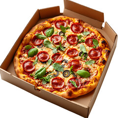 Pizza toppings ready to eat delicious pizza in box