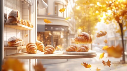 Charming bakery on a quiet autumn street with warm golden light Generative AI