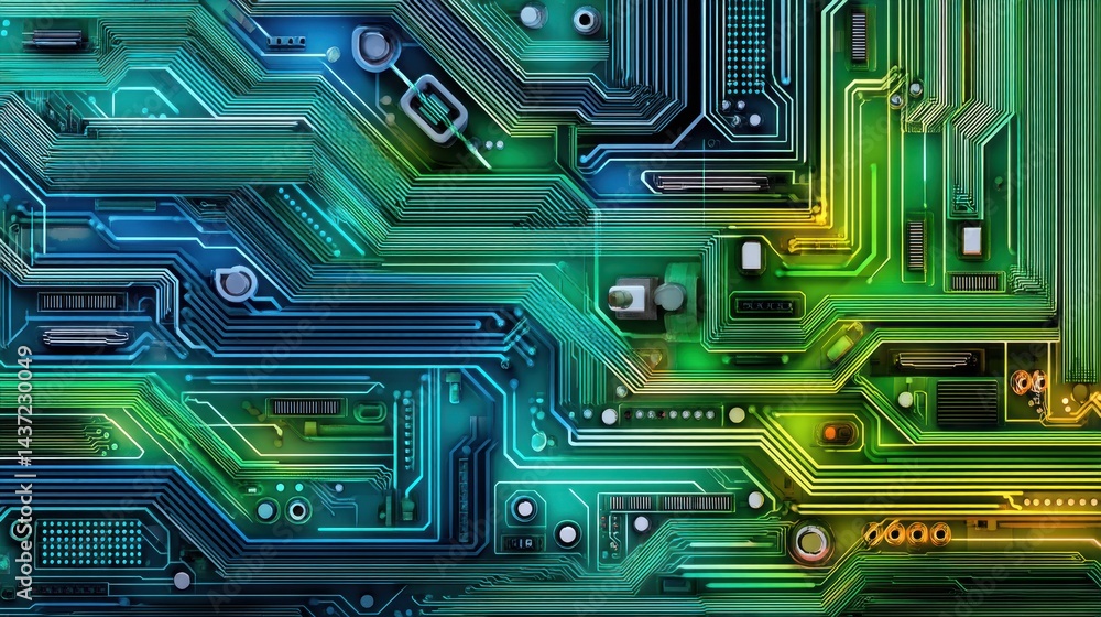 Poster vibrant minimal computer circuit board in blue and green neon tones showcasing intricate electronic 