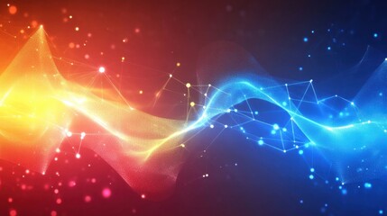 Obraz premium Cyber-futuristic abstract background with a blend of neon blue and yellow gradients and geometric shapes over a red and dark blue palette.