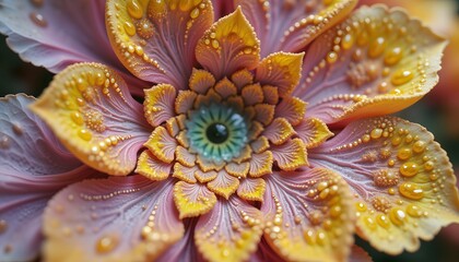 Close up macro photography of a digital art flower with water drops and pastel colors design concept
