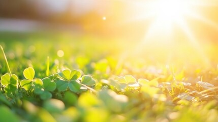 Fototapeta premium Sunlight bathes vibrant green clover leaves, creating a peaceful atmosphere in a grassy area on a warm afternoon