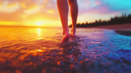 Bare feet touch the cool waves as the sun sets over the serene beach, creating a stunning display of colors in the sky
