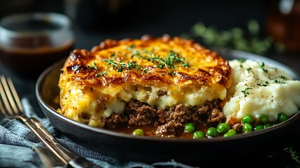 Meat Pie Filled With Minced Beef, Gravy, Served With Mashed Potatoes And Peas, Styled For Pub Food Or Comfort