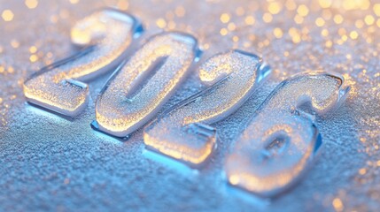 Numbers representing the year 2026 shine under warm lighting against a glistening ice surface, creating a festive, wintery atmosphere
