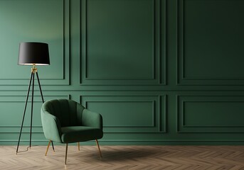 A green armchair and a floor lamp against a green wall with decorative molding in a room setting