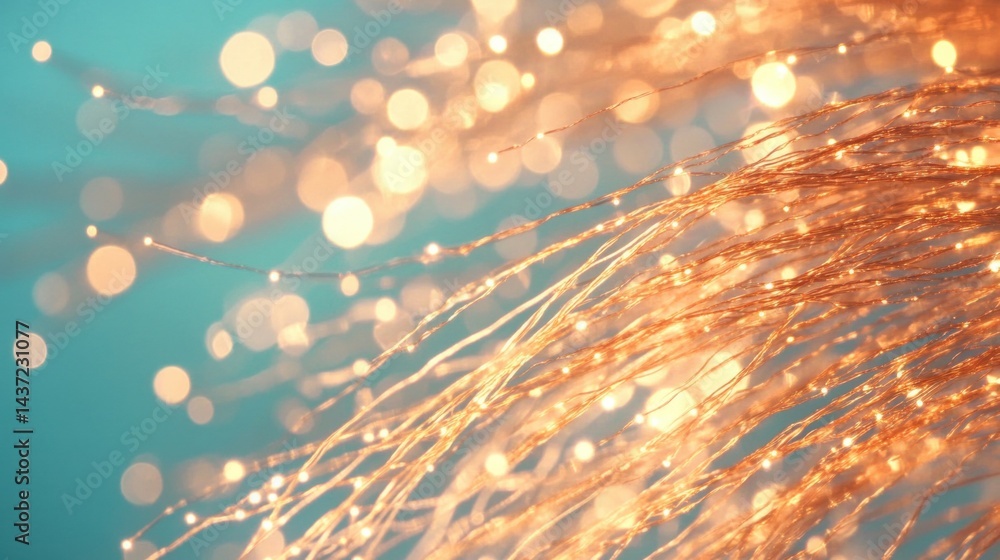 Aufkleber golden strands of light twist and shimmer against a calming blue backdrop, creating a dynamic visual