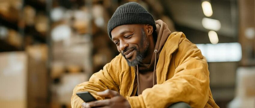 An interracial warehouse worker is seen grinning while using a cellphone to type internet communications while seated in storage.