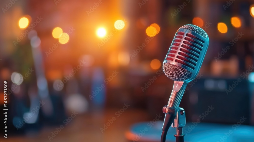 Poster a microphone is placed in focus, preparing for an upcoming live performance in an intimate setting w