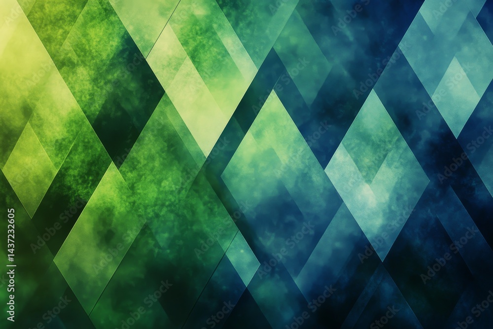 Poster abstract geometric design featuring blue and green diamond shapes with soft textures and a gradient 
