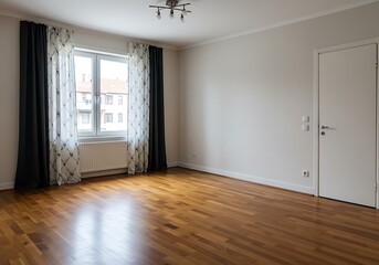 Obraz premium Interior view of an empty room with hardwood floors and a window with curtains in a residential building