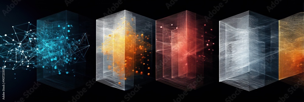 Poster Machine Learning Process Animated as the Growth of a Complex Geometric Structure Evolving Through Various Stages