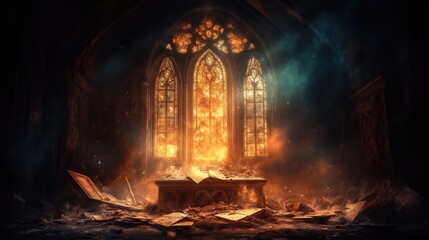 Ancient chamber, mystical light, gothic architecture