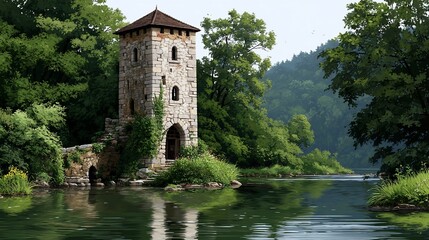 Lakeside stone tower amidst lush greenery