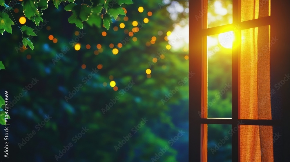 Poster sunlight streams through an open window, casting a warm glow on lush green leaves, with soft evening