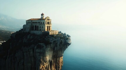 Stone building perched atop cliff overlooking ocean.