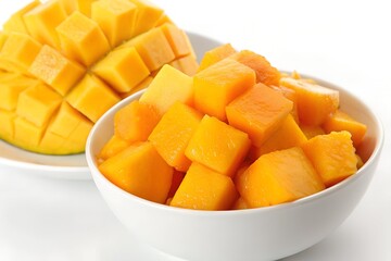 Ripe mangoes cut into cubes in a bowl, isolated on white.