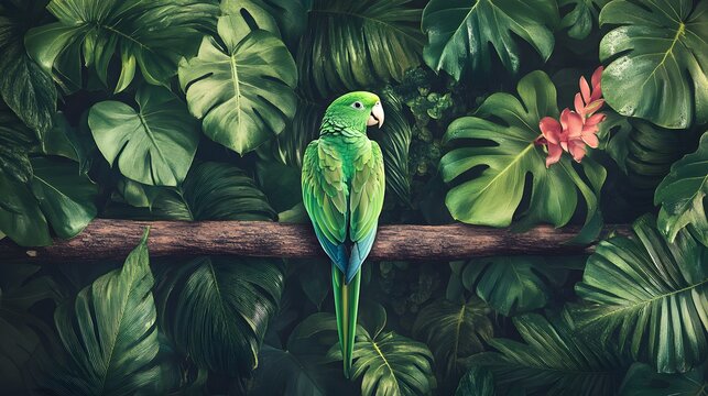 Vibrant green parrot perched on a branch amidst lush tropical foliage.