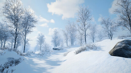 Obraz premium Serene winter landscape with frosted trees and a blanket of fresh snow