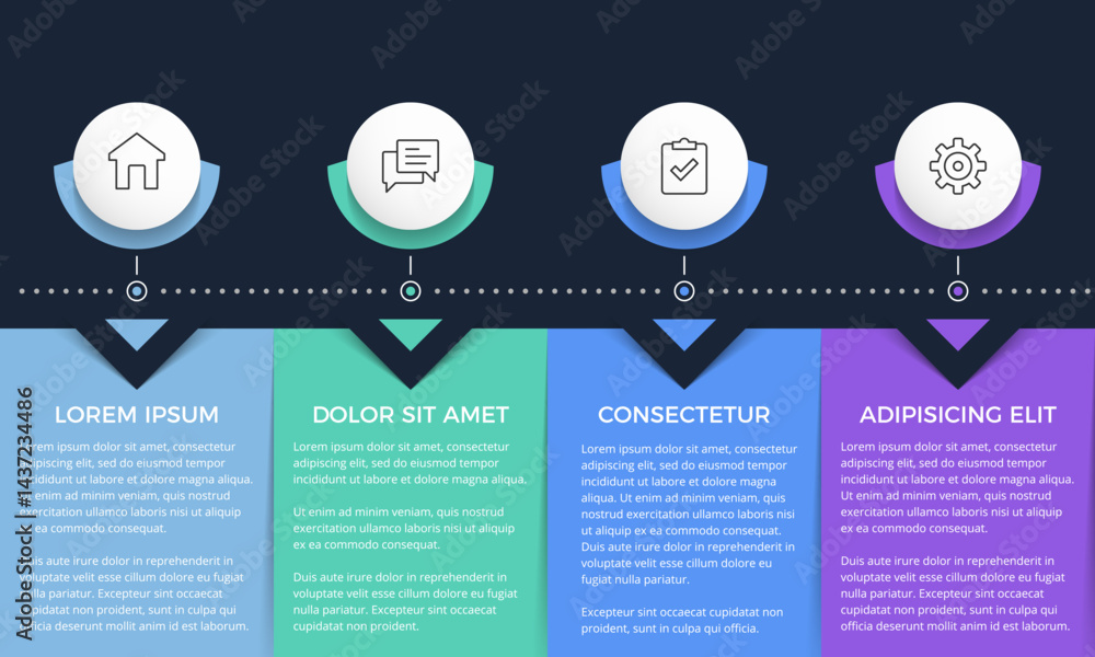 Poster infographic template of a process or workflow with four rectangular elements for your text, dark bac
