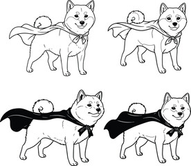 Illustration of dogs line art, wearing a super hero cape
