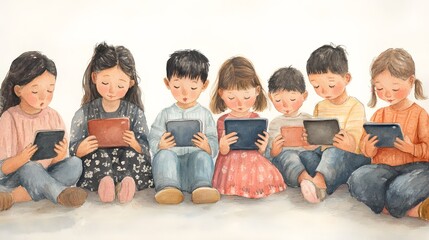 Children engrossed in digital devices, a group portrait.