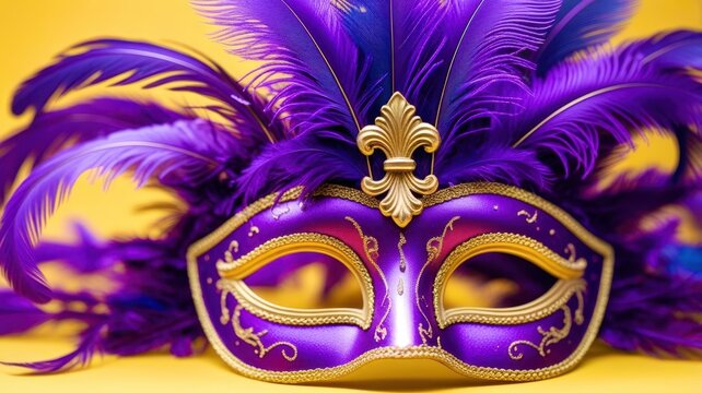 A purple mask with gold trim and feathers
