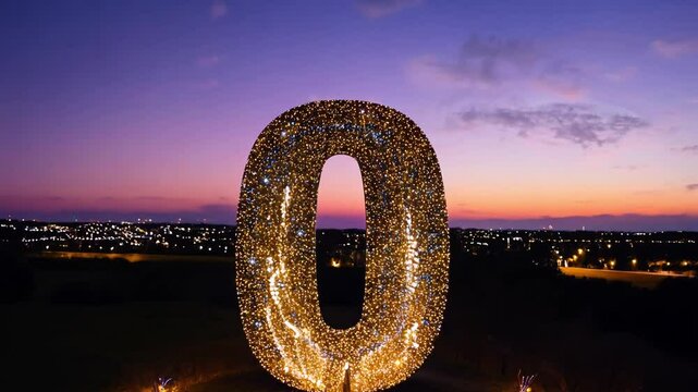 Golden glittering number zero against a vibrant sunset sky, soft ambient lighting, empty colorful sky space in the upper part of the frame