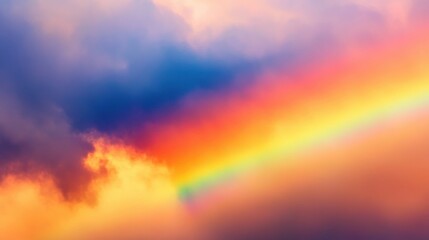 Obraz premium A stunning rainbow spans the sky as vibrant colors blend with clouds during a picturesque sunset, creating a magical atmosphere
